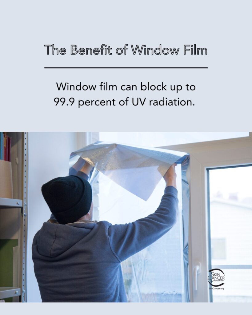 window-film-benefit A person applying window film, with the text "The Benefit of Window Film. Window film can block up to 99.9 percent of UV radiation."