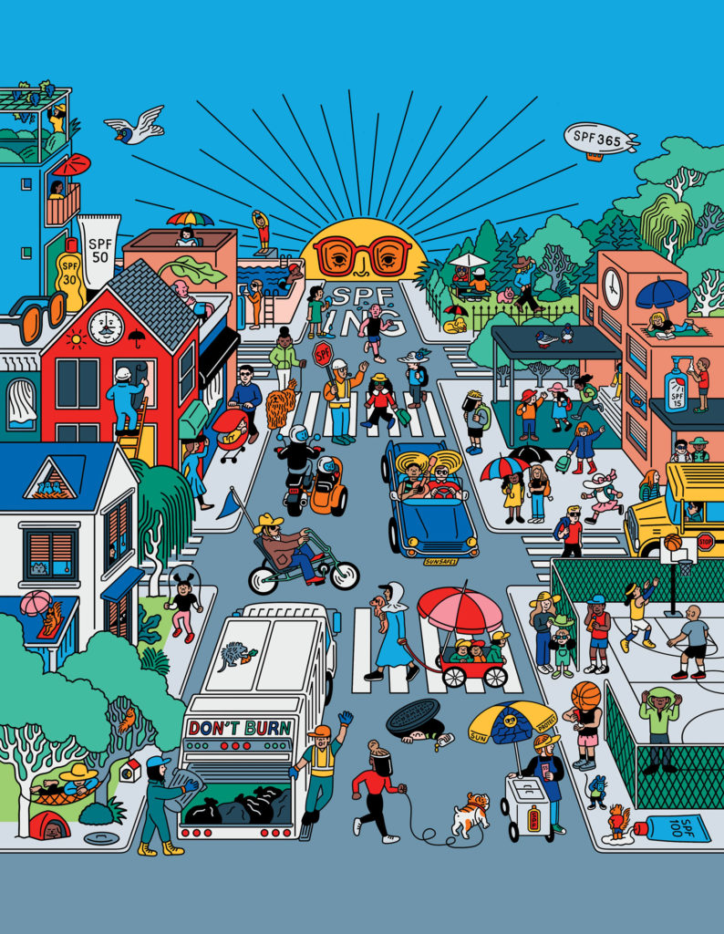 Ilustración de Tomi Um de la rutina completa de protección solar, bloqueador solar, protectores de ventanas, ropa, anteojos de sol, sombreros, sombrillas, sombra natural